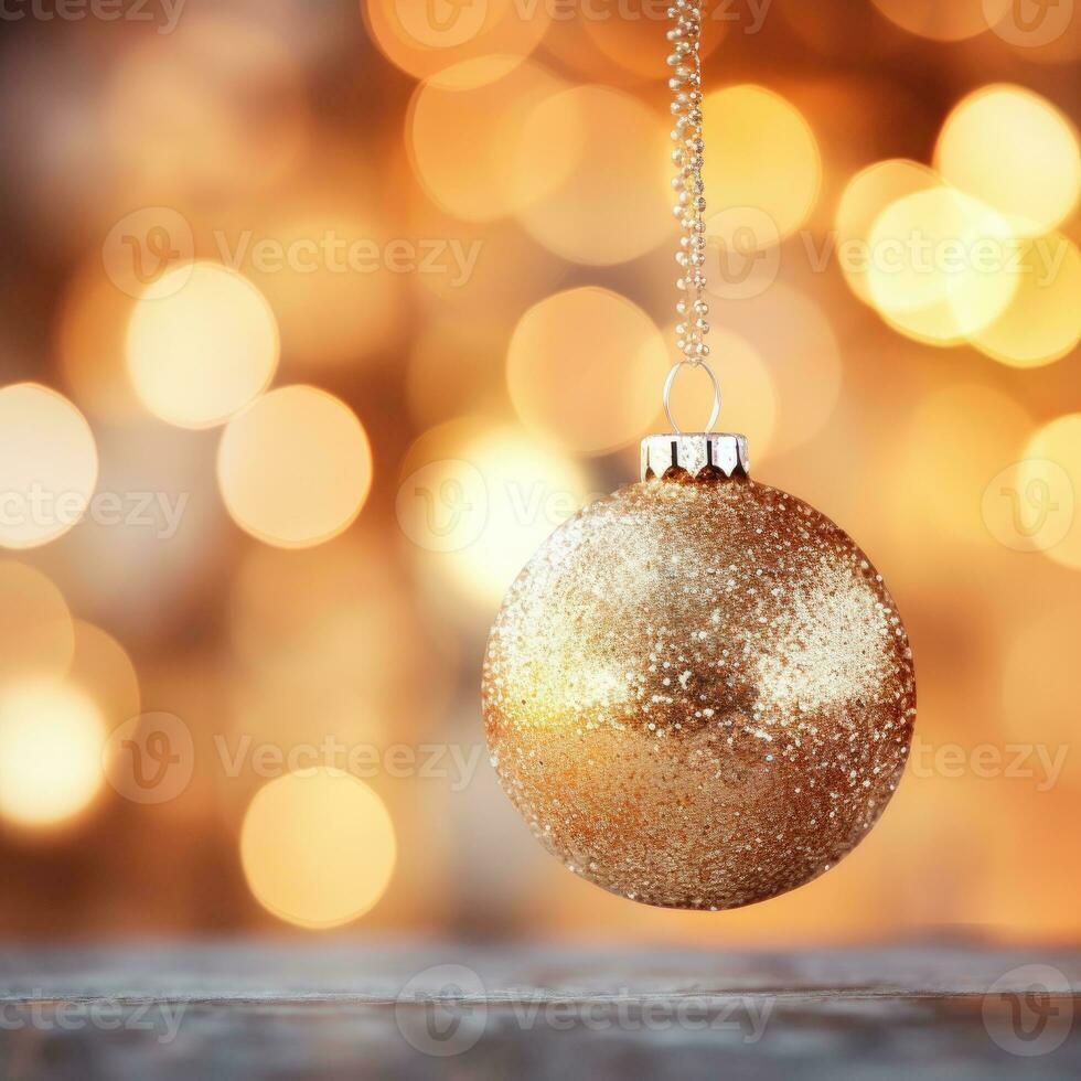 ai generativo blanco Navidad juguete en pino rama. nieve en el pino rama y en el pelota. puesta de sol ligero. suave enfocar. borroso luces. foto