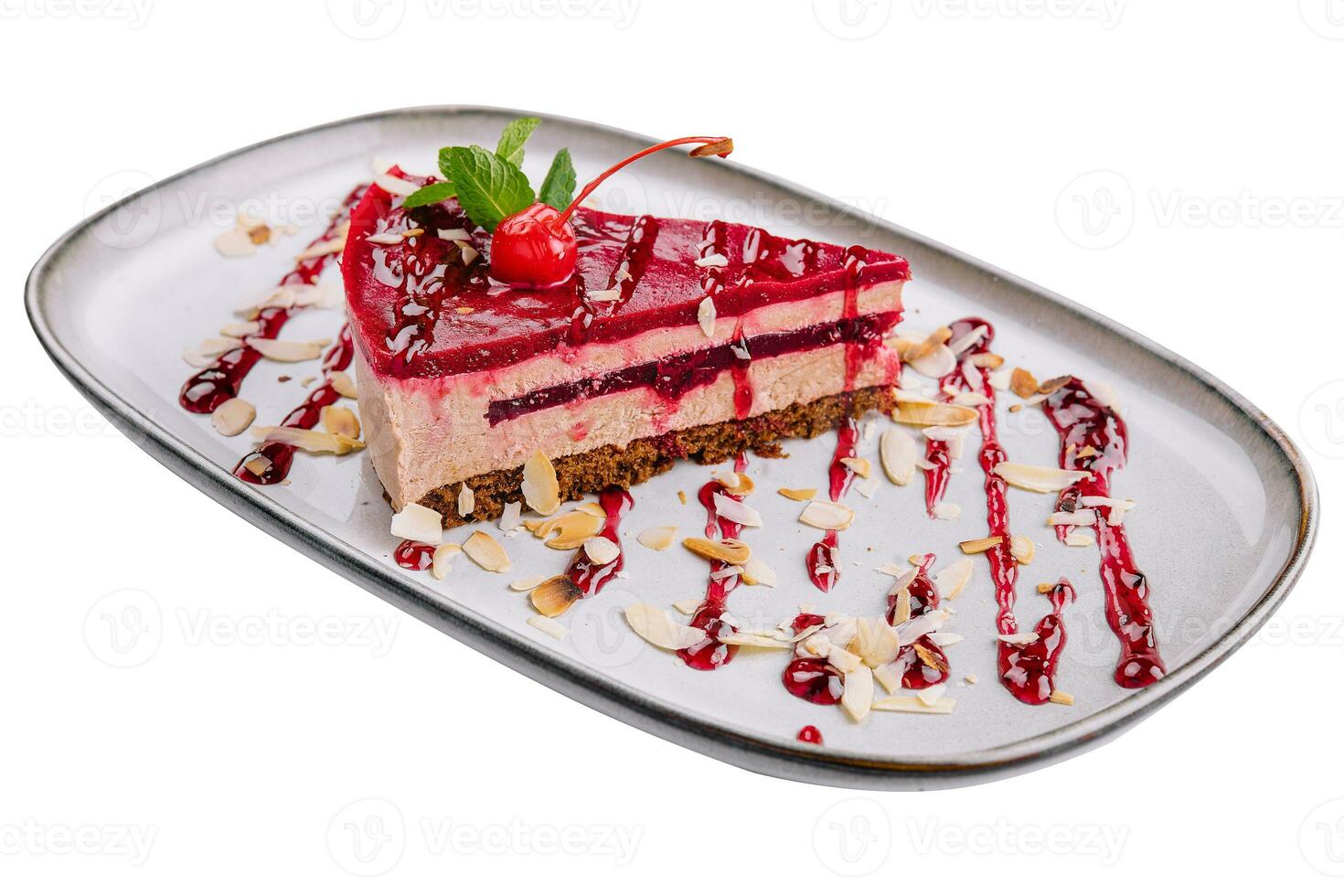 Cherry cheesecake on plate on white background photo