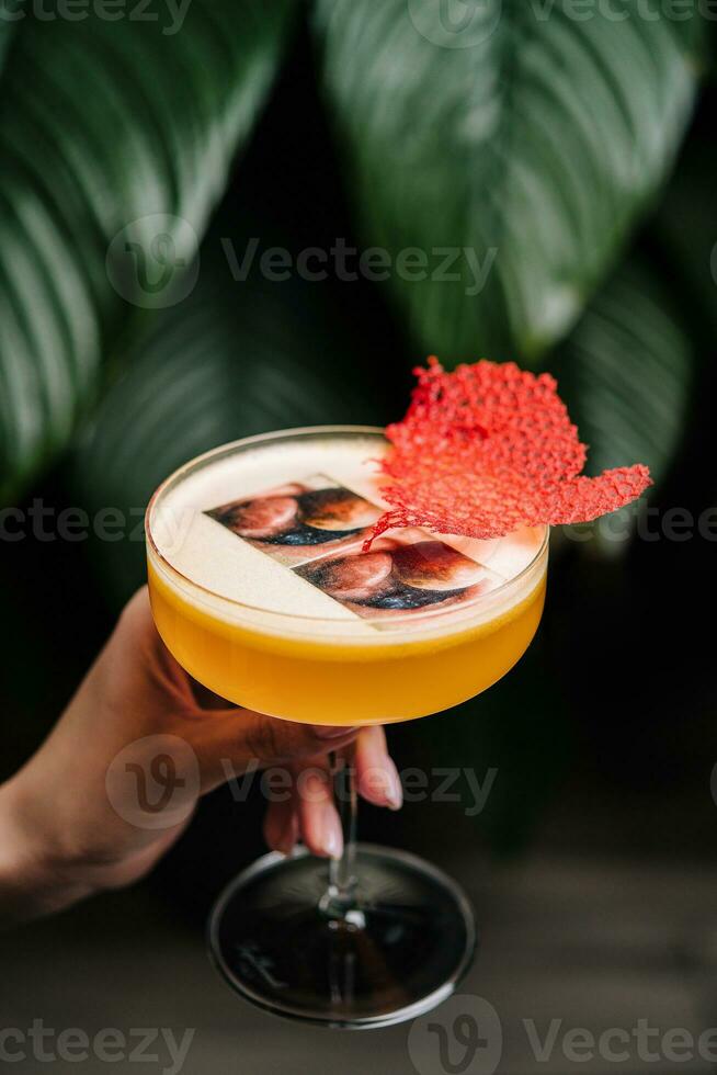 Glass of tasty mango margarita on dark background photo