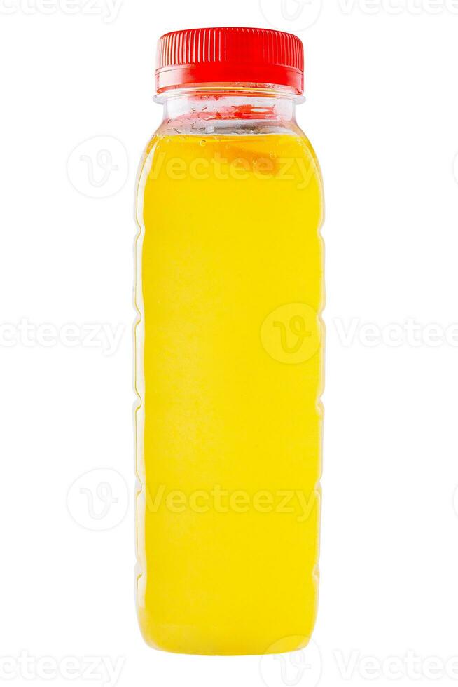 Plastic bottle of organic fresh orange juice photo