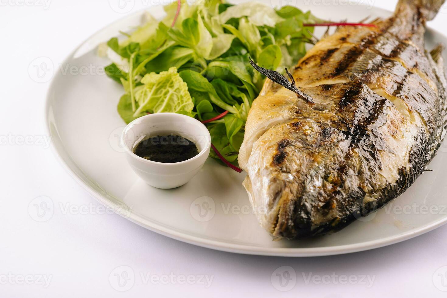 Grilled trout and lettuce on a white plate photo