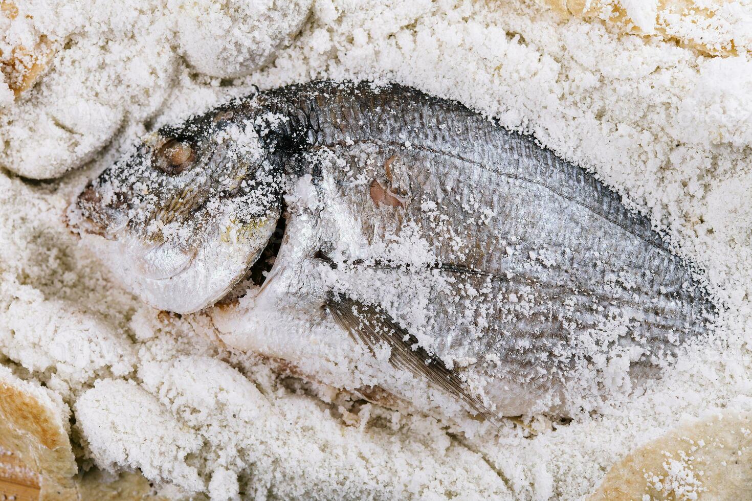 Preparing salt-baked dorada fish top view photo