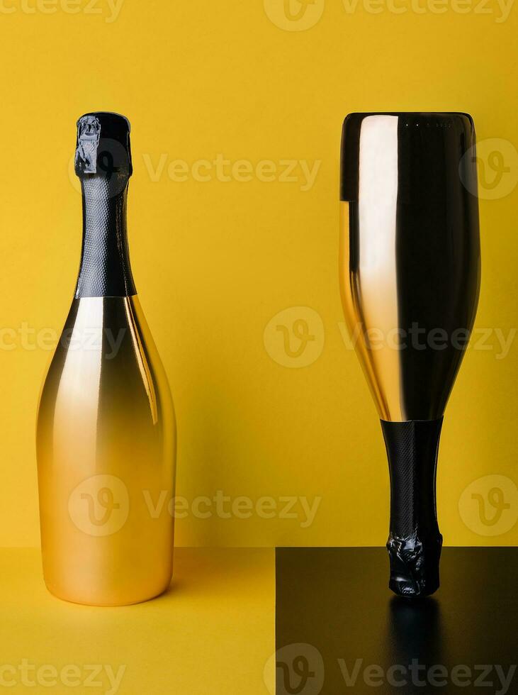 two elegant bottles of champagne on a yellow-black background photo