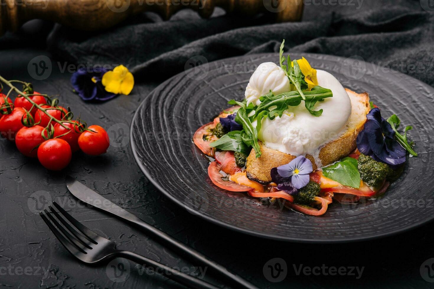 Buffalo burrata cheese served with grain toast pasting and fresh vegetables photo