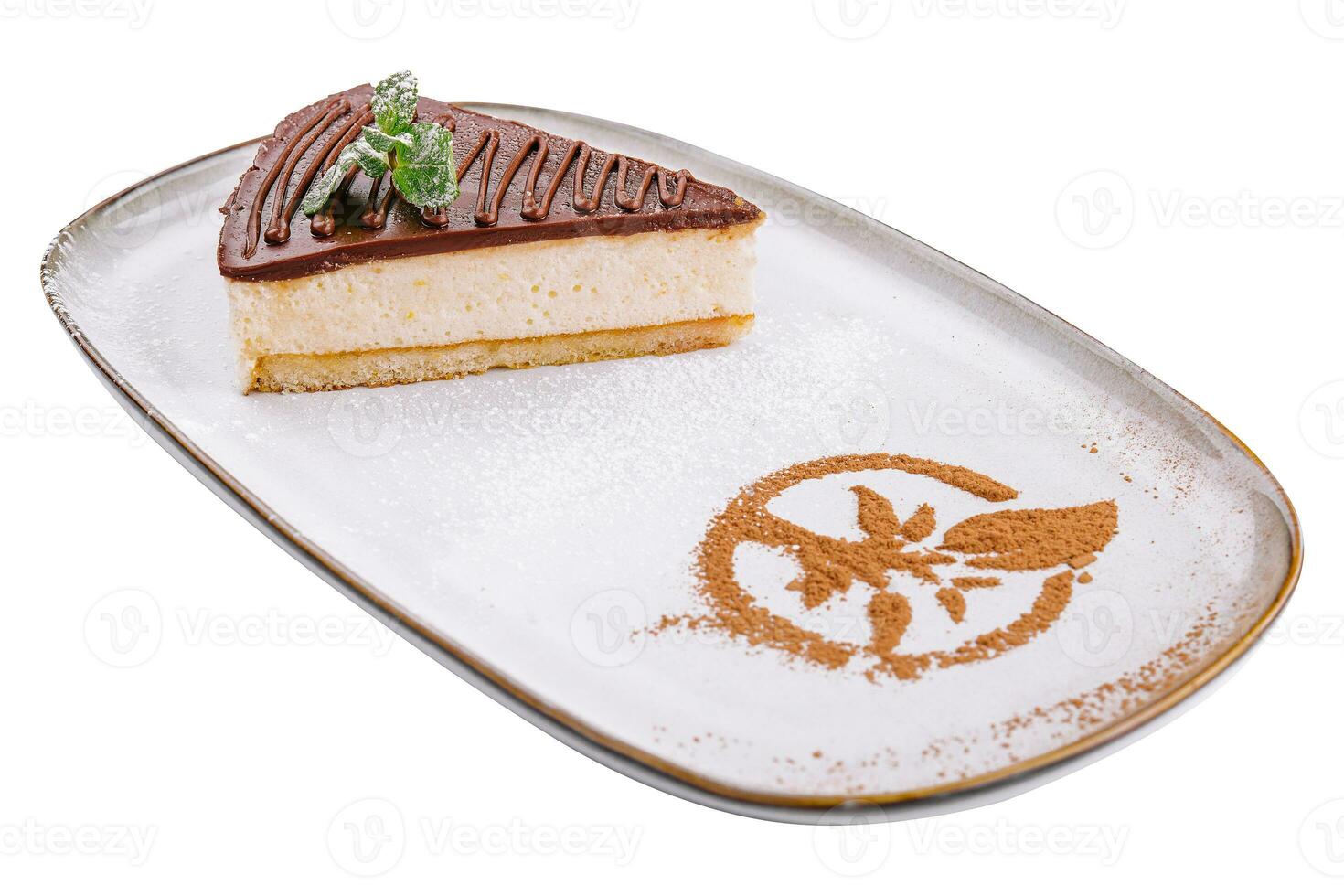 pedazo de chocolate tarta de queso decorado menta en plato foto