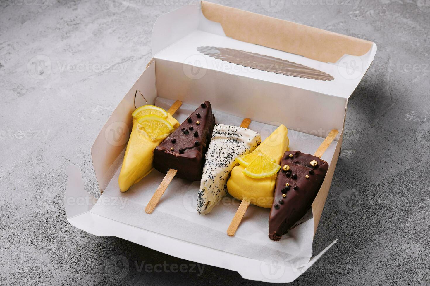 Assortment of various ice cream in box photo