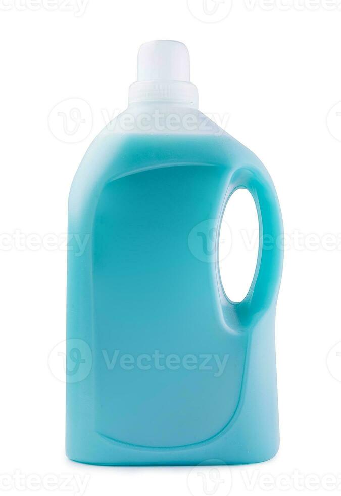 Plastic clean bottle full with blue detergent photo