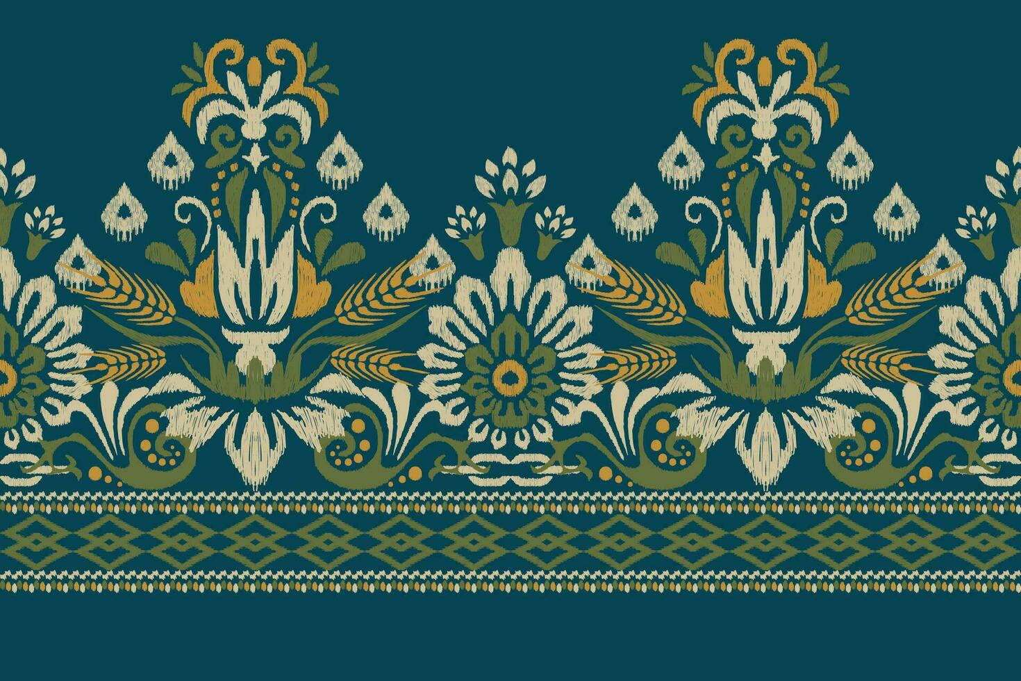 ikat floral cachemir bordado en verde fondo.ikat étnico oriental modelo tradicional.azteca estilo resumen vector ilustración.diseño para textura,tela,ropa,envoltura,decoración,pareo,bufanda