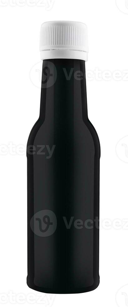 Soy sauce in a plastic bottle or black bottle isolated on white photo