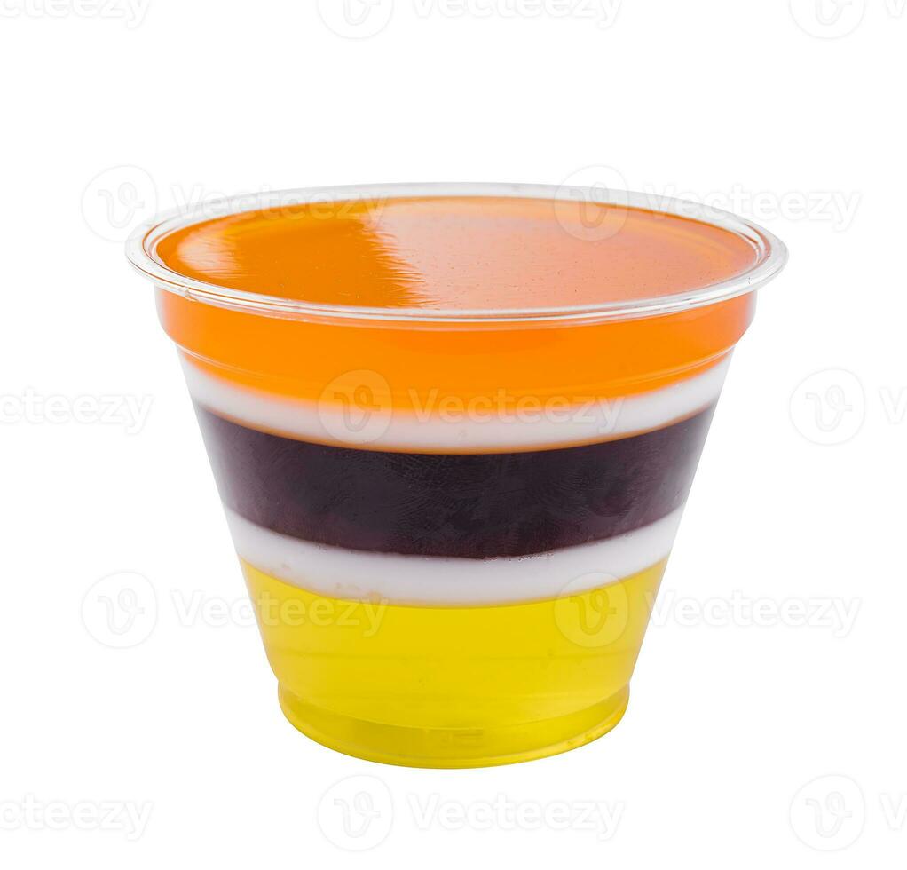 Fruit and milk jelly on plate on white photo