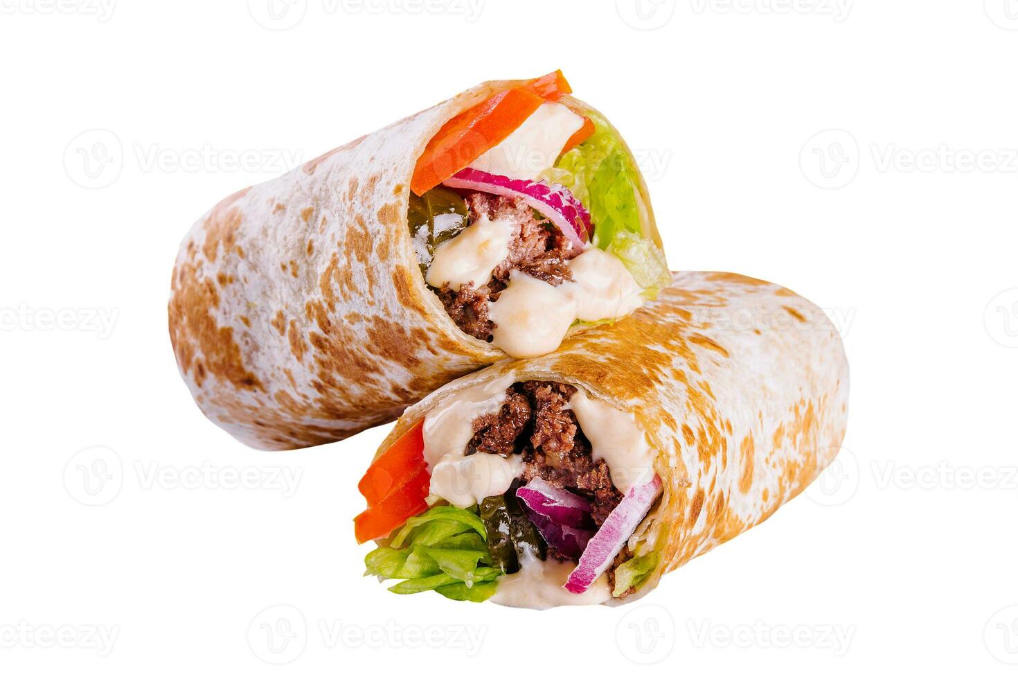 shawarma with beef and vegetables isolated on white photo
