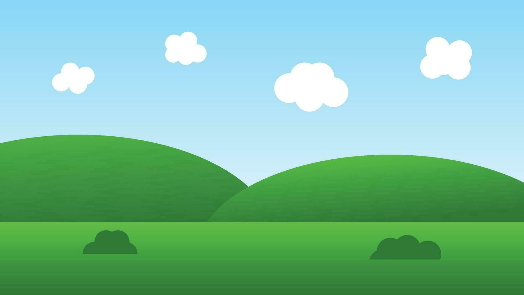 landscape cartoon scene with green hills and white cloud in summer blue sky background vector