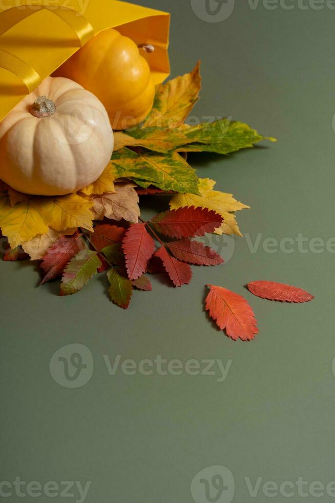 Autumn shopping and sales concept. Composition of autumn fallen leaves and a shopping bag on a green background photo