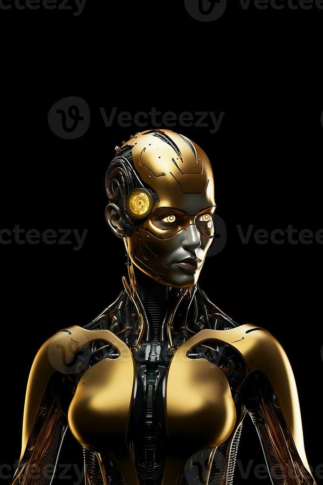A robot portrait on dark background. Artificial intelligence concept. AI Generated photo