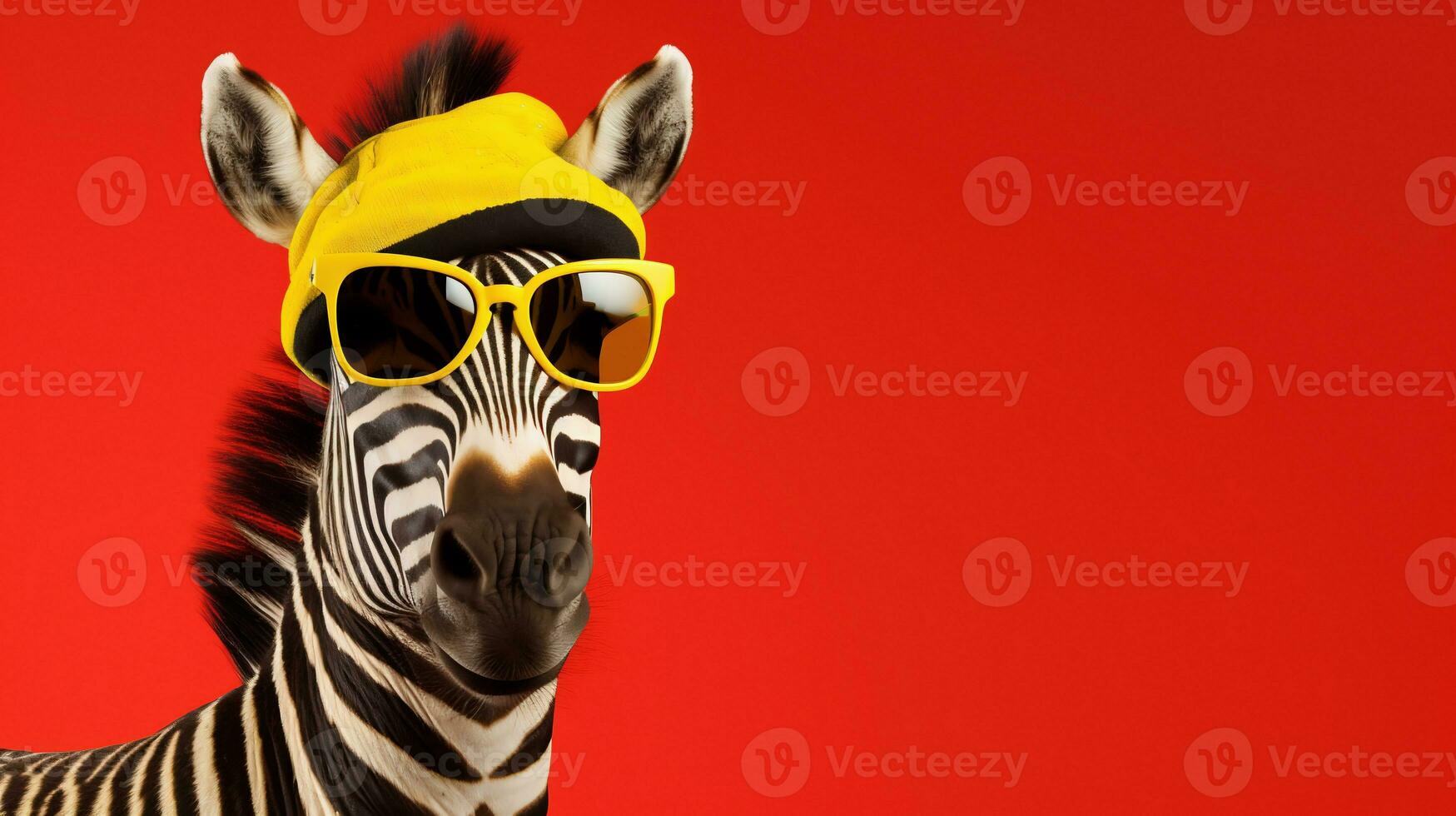 A zebra in yellow glasses and a cap on red background. AI Generative. Copy space. photo