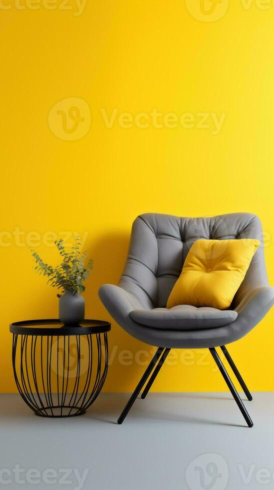 Elegant modern grey textile armchair and table on yellow wall background. AI generative photo