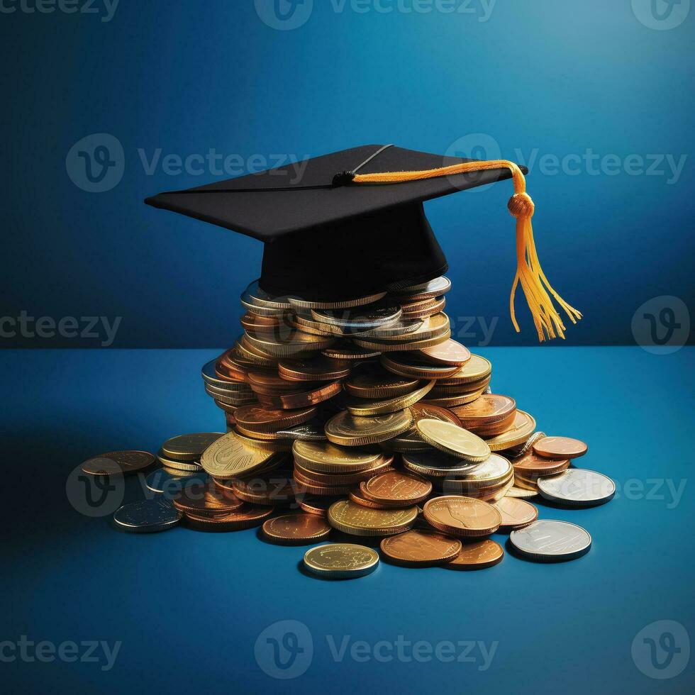 Graduated cap with coins on blue background. Saving for education, grant concept. AI generative photo