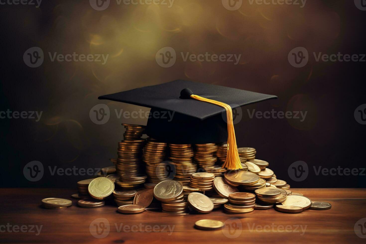 Graduated cap with coins on dark background. Saving for education, grant concept. AI generative photo