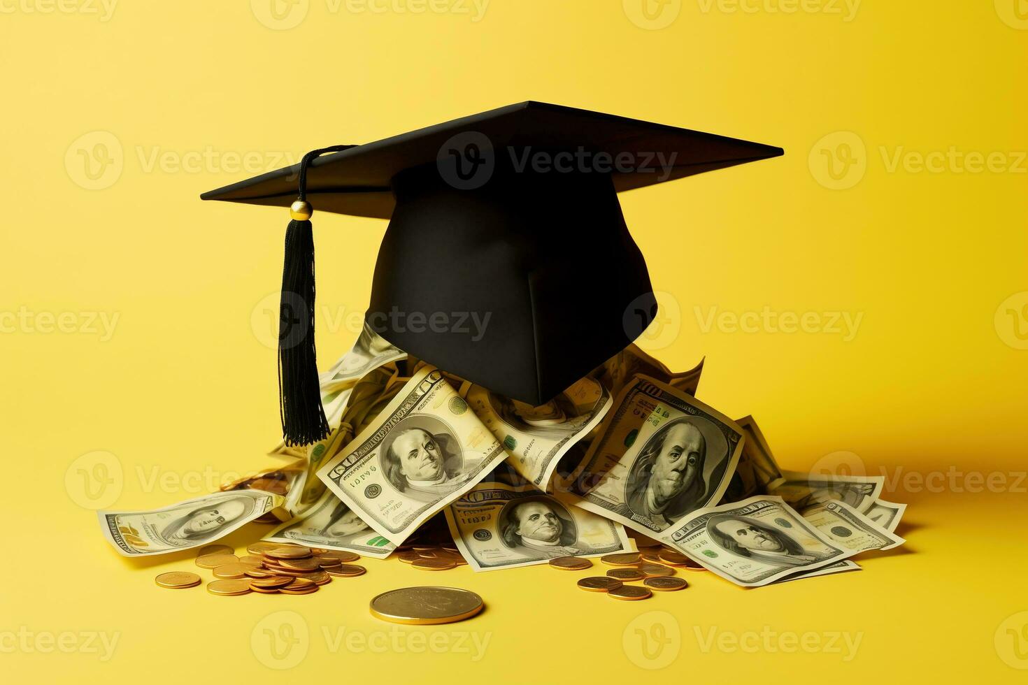 Graduated cap with cash money and coins. Pay for education, grant concept. AI generative photo