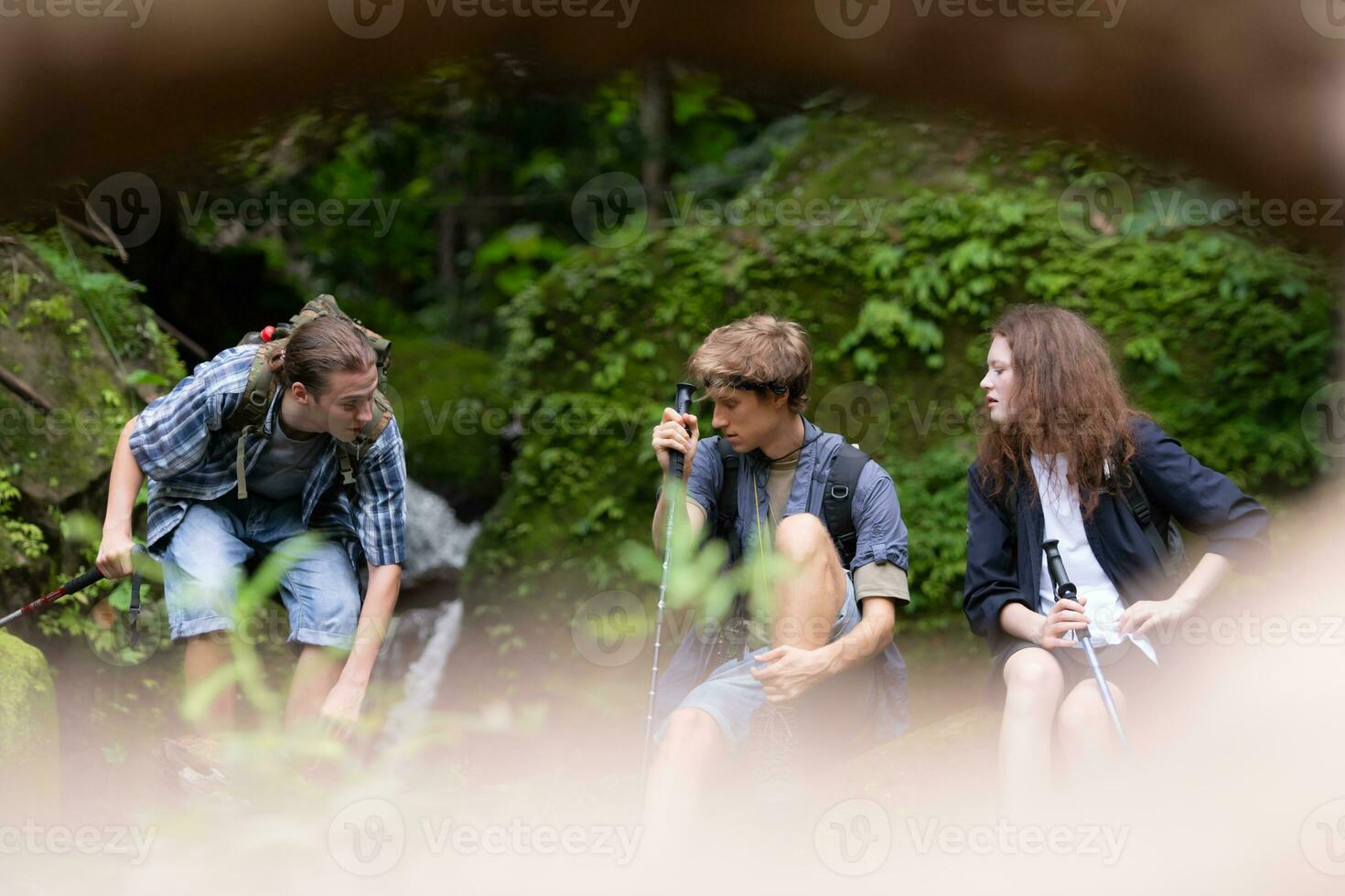 grupo de joven personas excursionismo en el bosque. viaje y aventuras concepto. foto