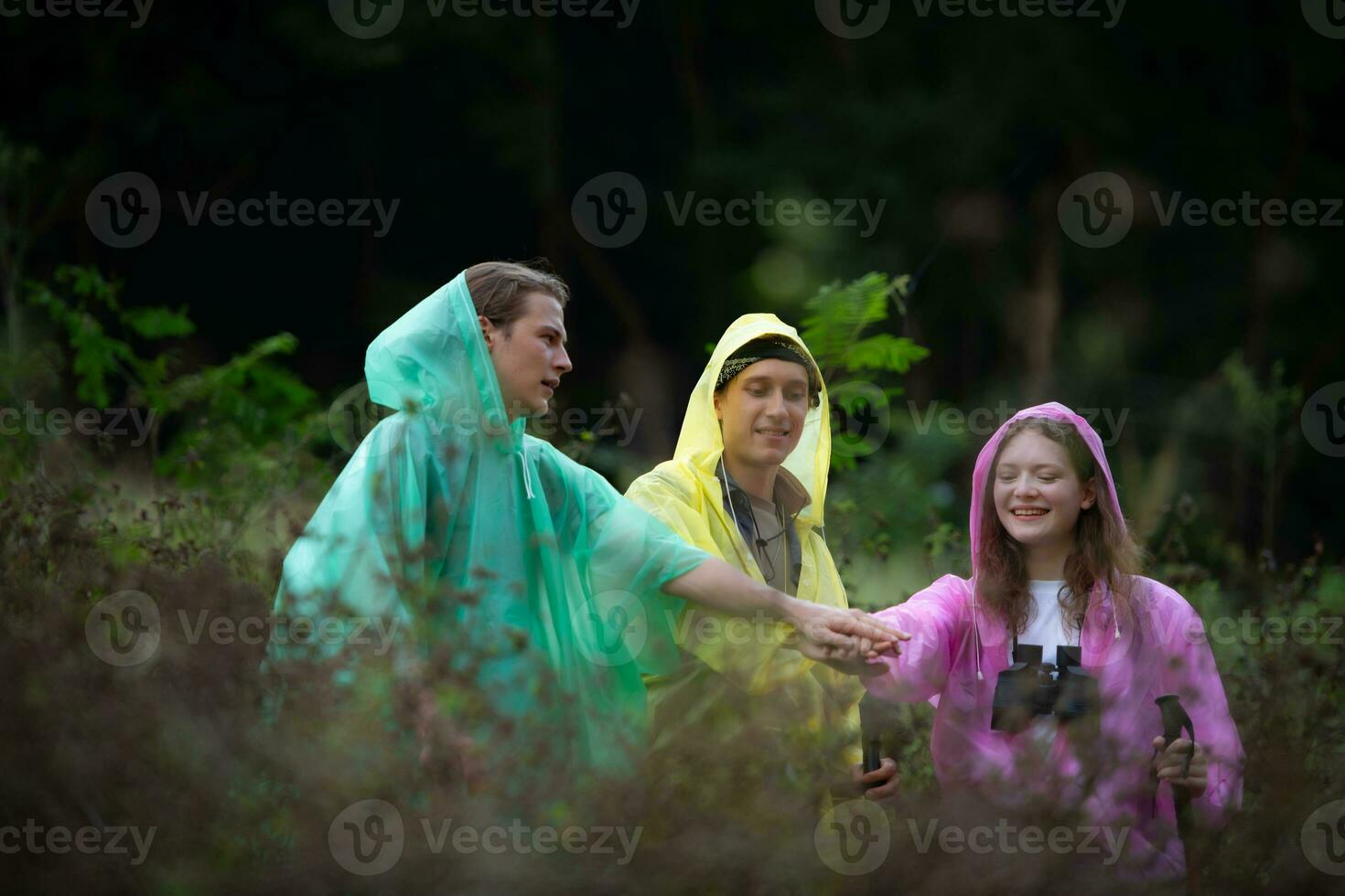 Group of friends in raincoats with backpacks on a hike in the forest, Prepare to hiking after the rain has stopped. photo