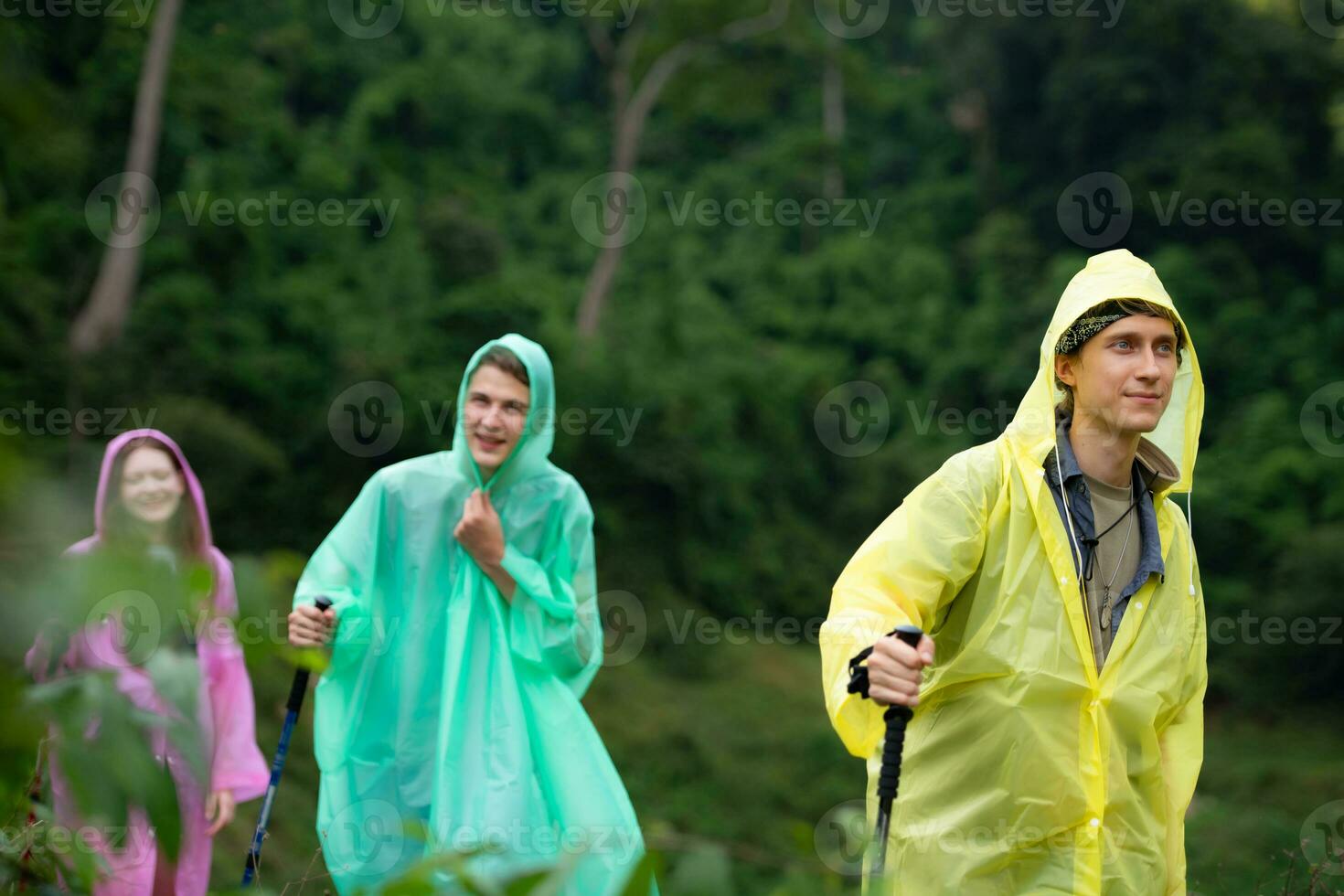 Group of friends in raincoats walking on the forest path, Hiking concept. photo