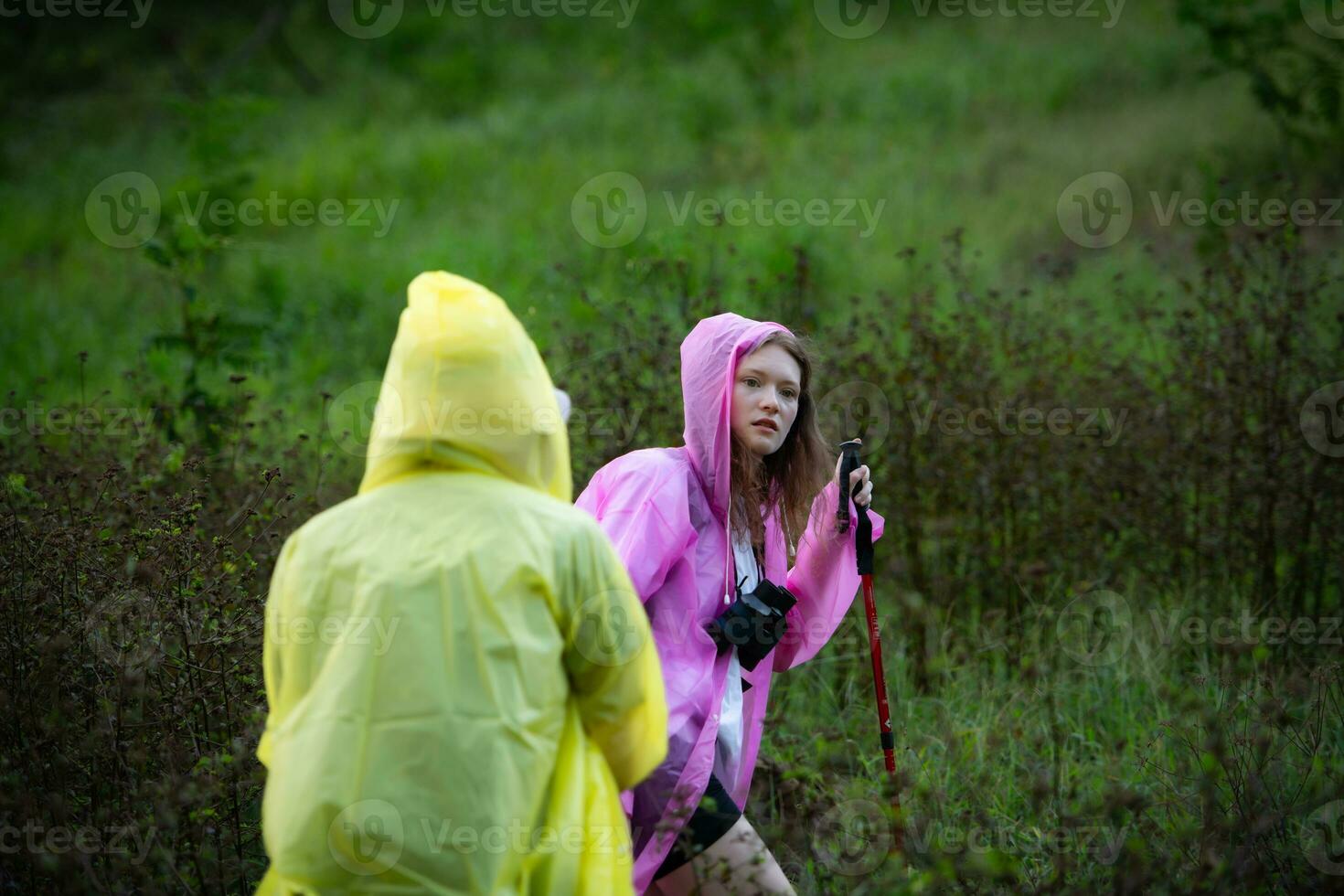 Group of friends in raincoats walking on the forest path, Hiking concept. photo