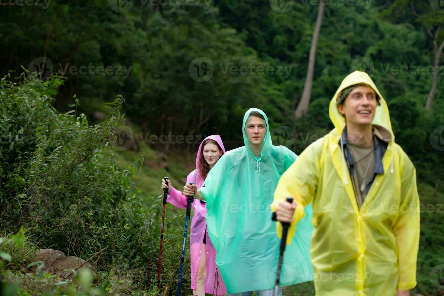 Group of friends in raincoats walking on the forest path, Hiking concept. photo