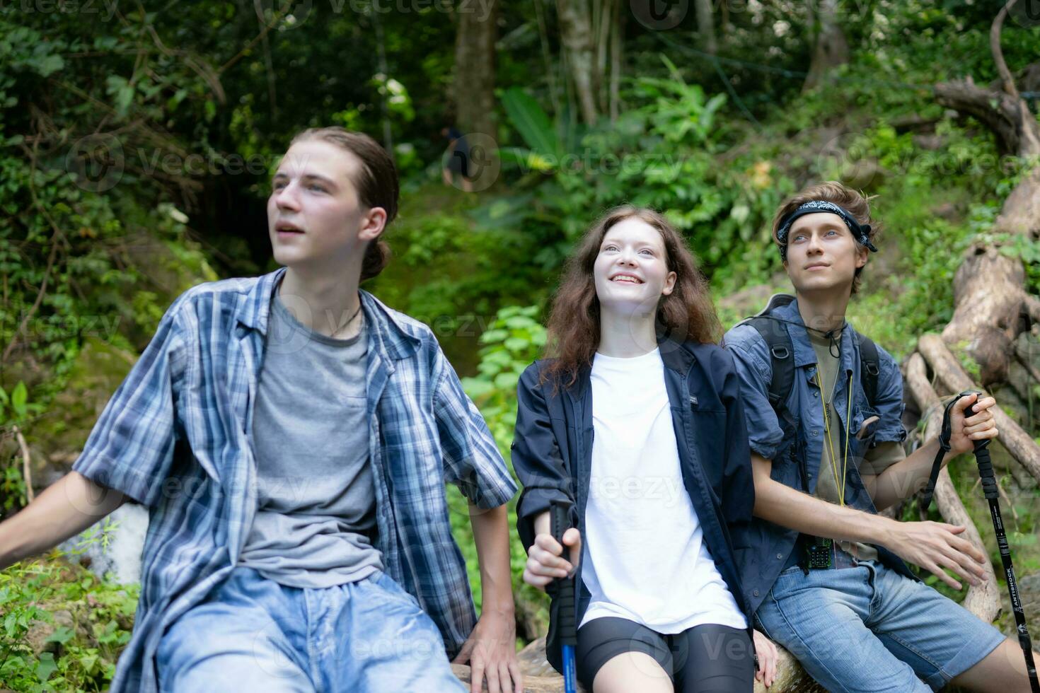 grupo de amigos con mochilas y palos sentado en un caído árbol, tomar un descanso durante el caminata foto