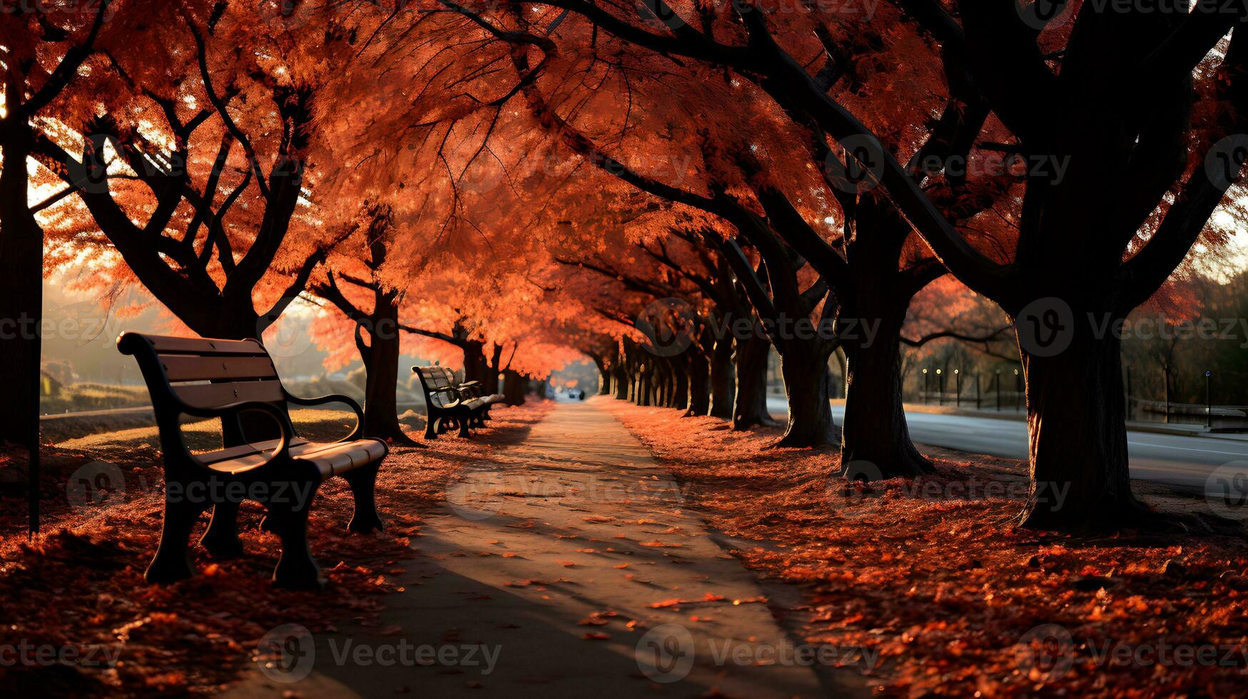 A row of benches on a sidewalk lined with trees. The trees are losing their leaves, which are falling to the ground in a colorful array. photo