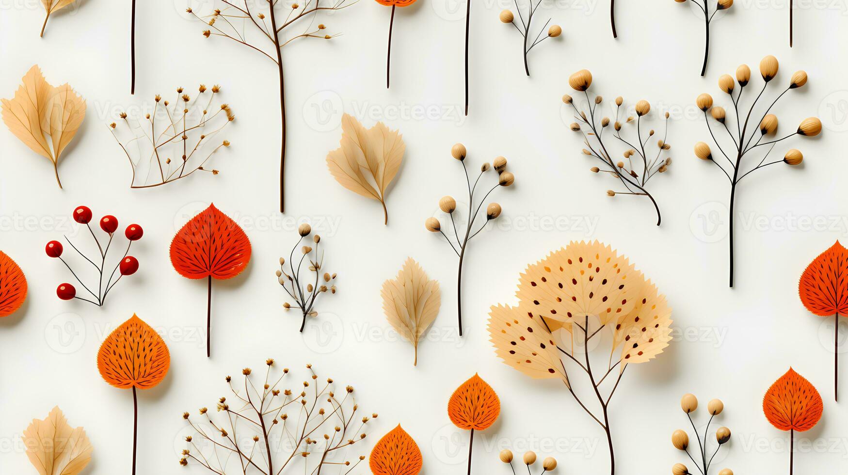 A pattern of autumn leaves on a white background. The leaves are a variety of colors photo