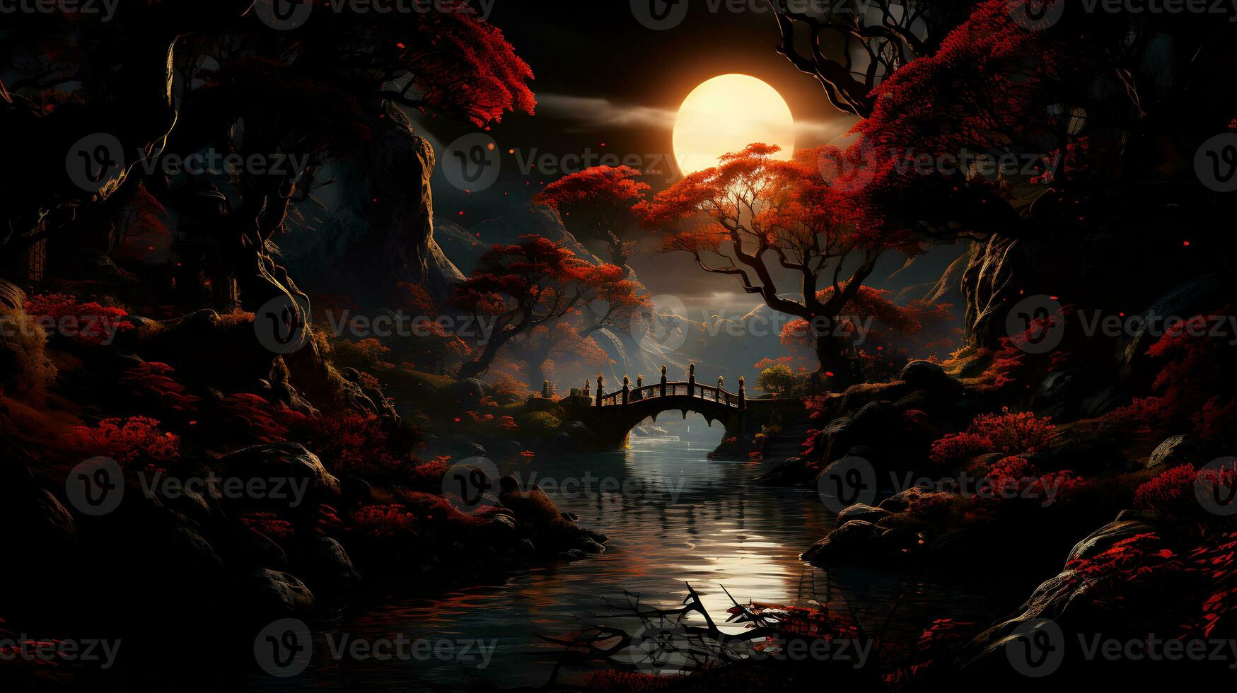 A bridge over a river surrounded by trees. The trees are losing their leaves, which are falling to the ground in a colorful array. The moonlight is shining through the trees, photo