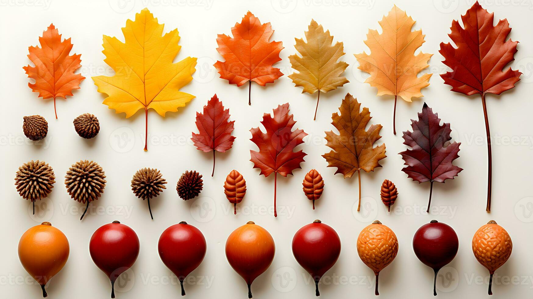 A group of autumn leaves arranged on a white background. The leaves are a variety of colors photo