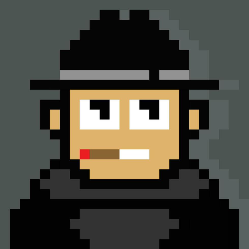 espía agente píxel Arte vistiendo sombrero hombre en negro vector