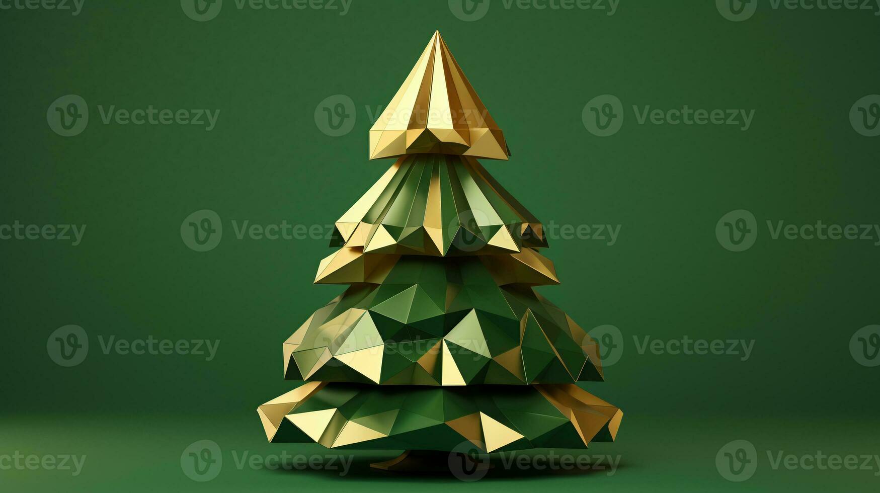 Elegant gold green Christmas tree in low poly art on green background photo