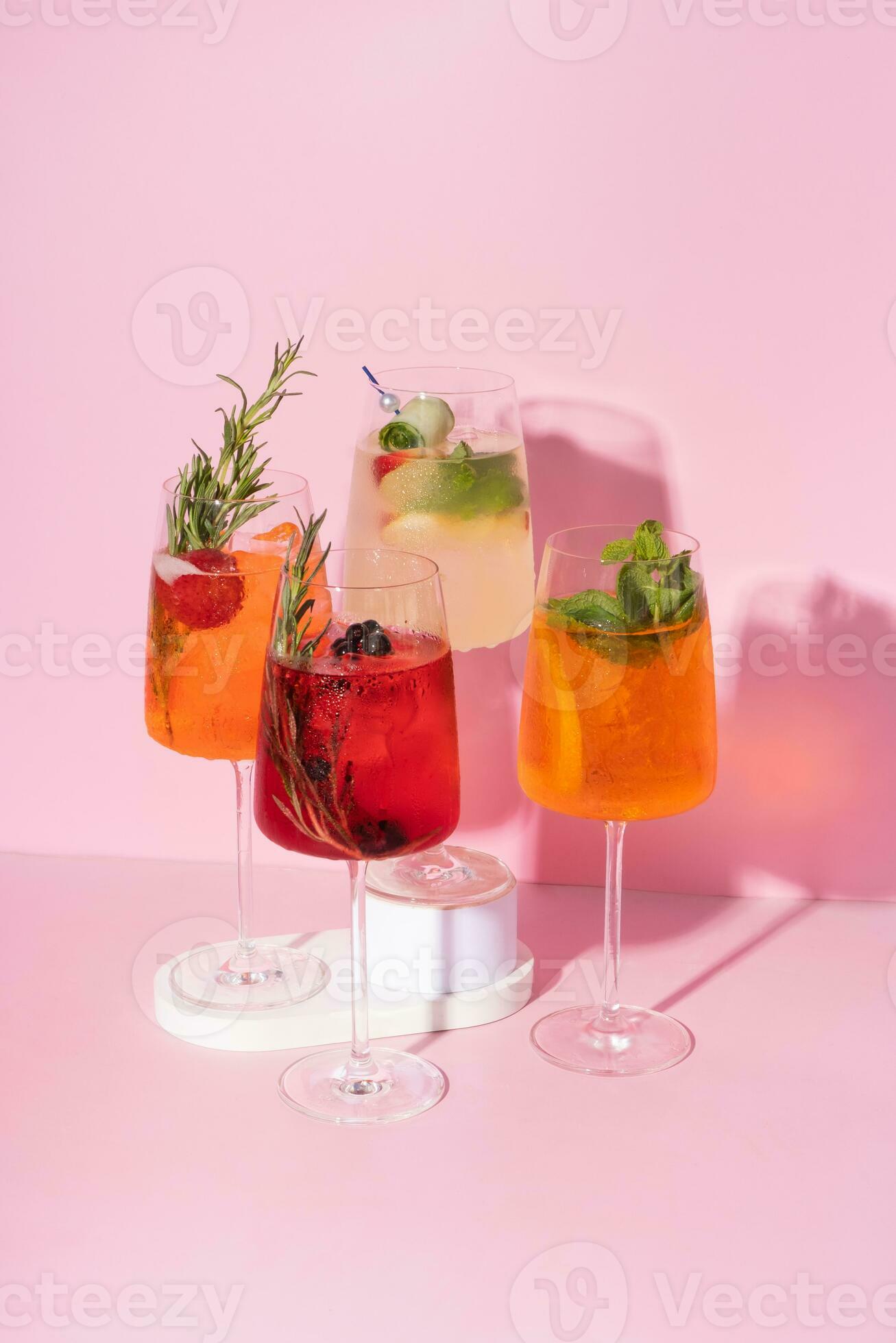 Set of colourful summer alcoholic cocktails with ice. Relaxing