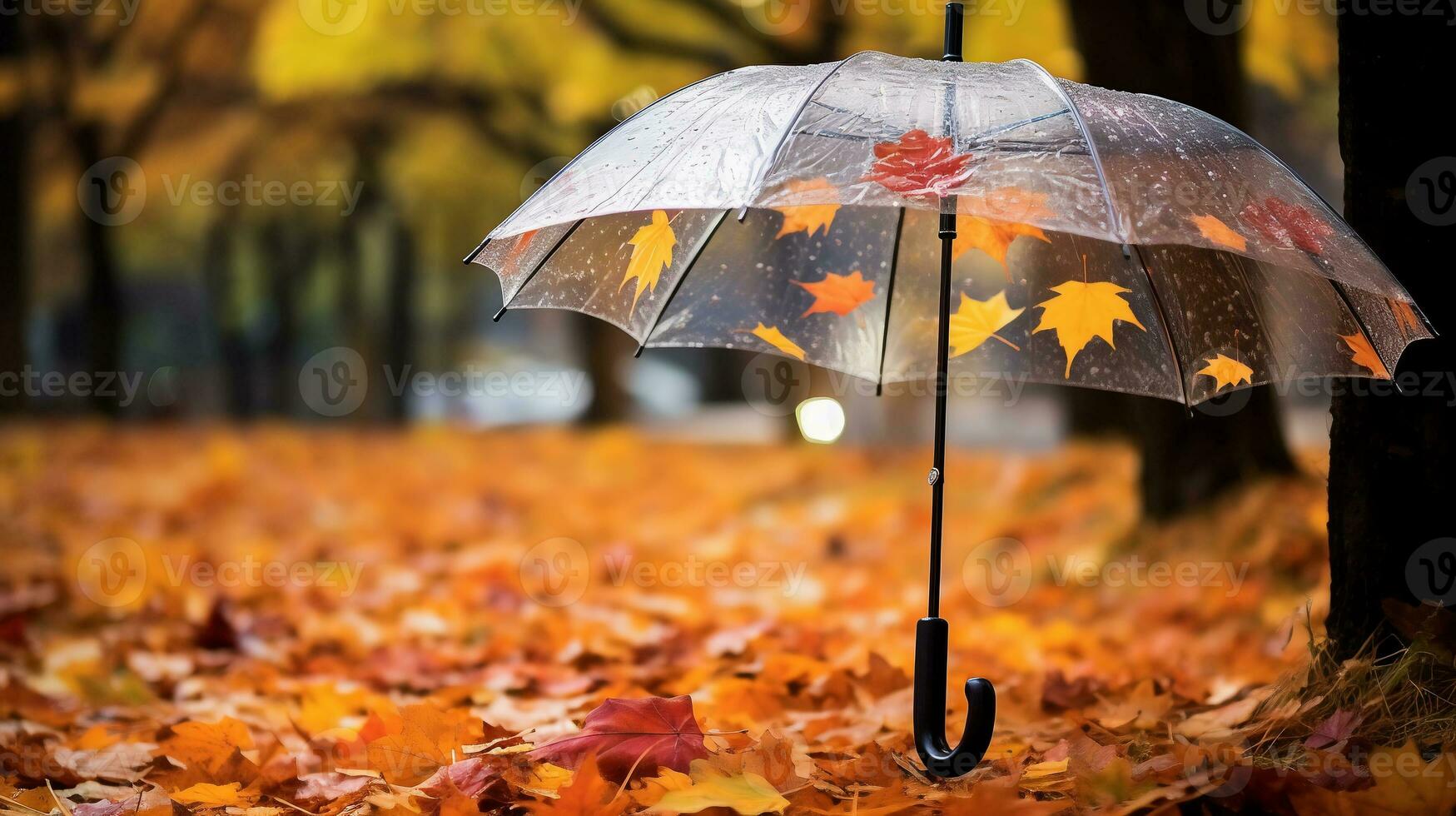 Umbrella under rain in autumn park. Autumn season comes concept. AI Generative photo