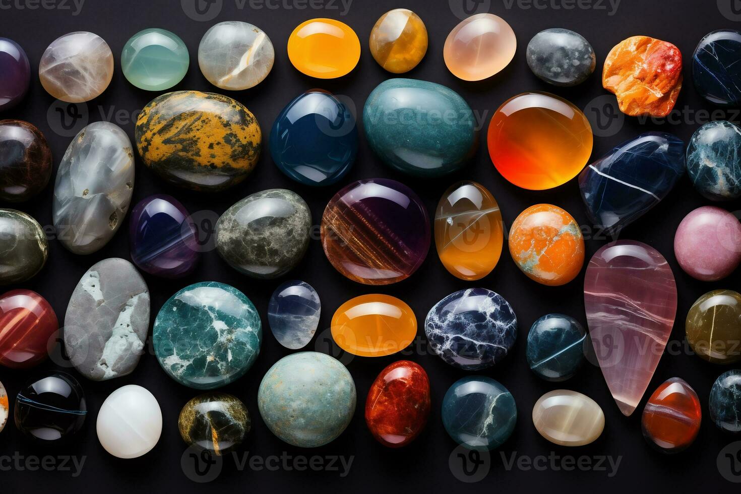 Top view of many different precious stones in wooden plate. Gemstones for jewelry, spiritual practices, meditations and relaxation. AI Generative photo