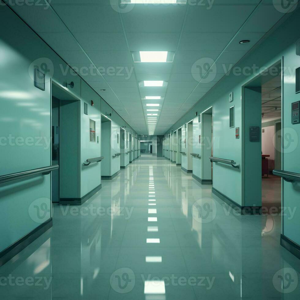 Hospital corridor, ambulance. Medical clinic concept. AI generated. photo