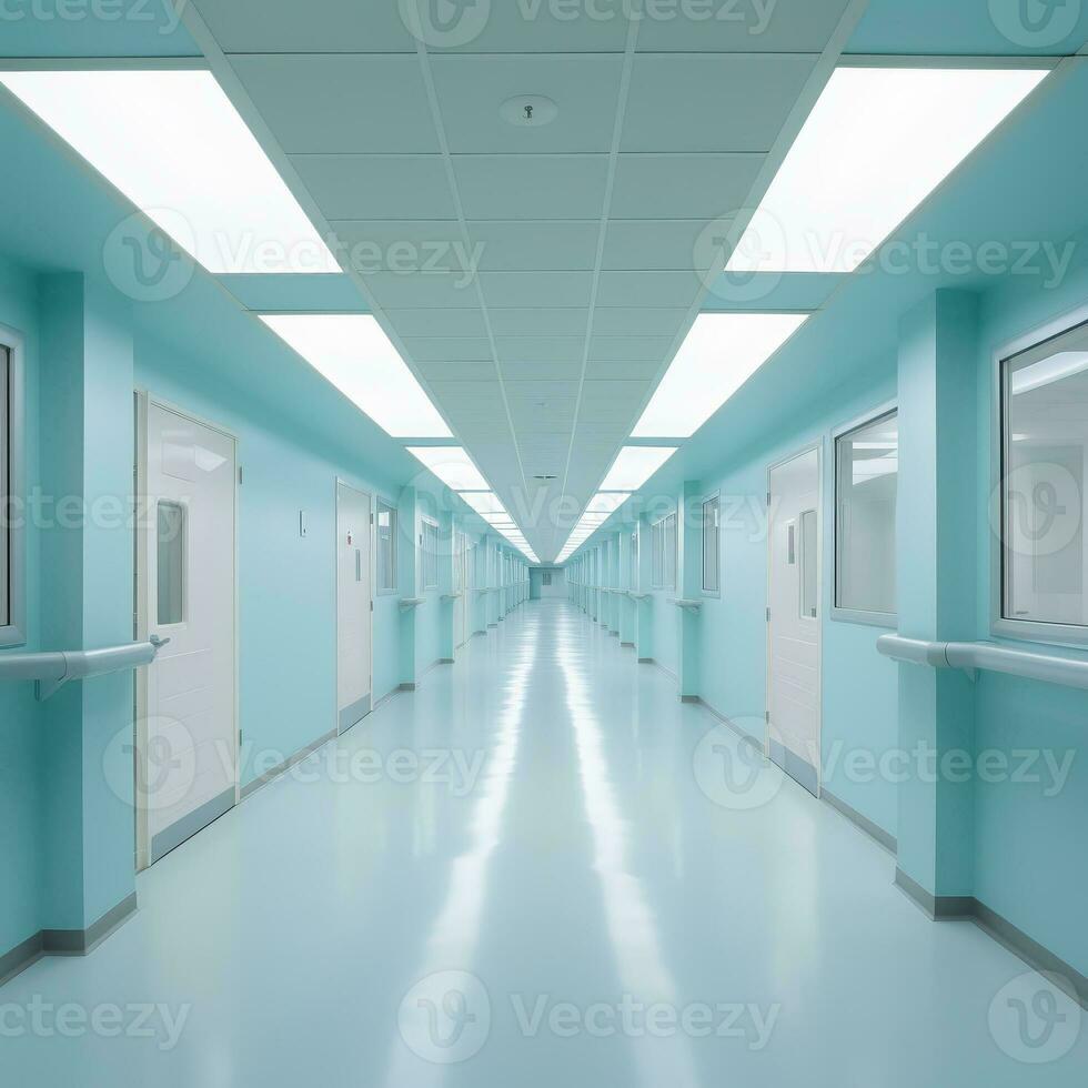 Hospital corridor with doors to the wards. Medical institution concept. AI generated photo