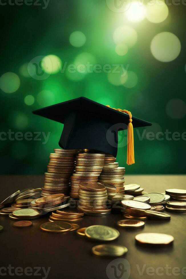Graduated cap with coins on green background. Saving for education, grant concept. AI generative photo