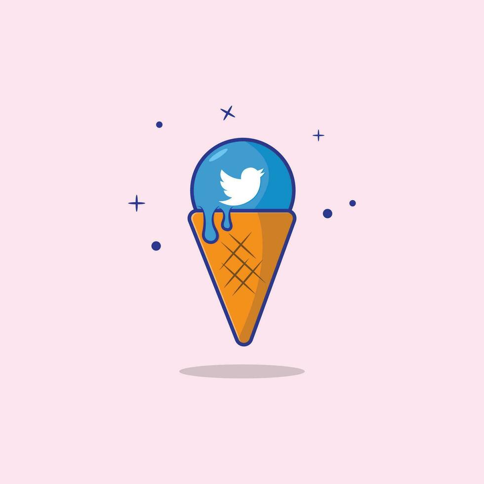 Cute Old Twitter Melting Cone Ice Cream Vector Illustration. Flat Cartoon Style Design for T Shirt