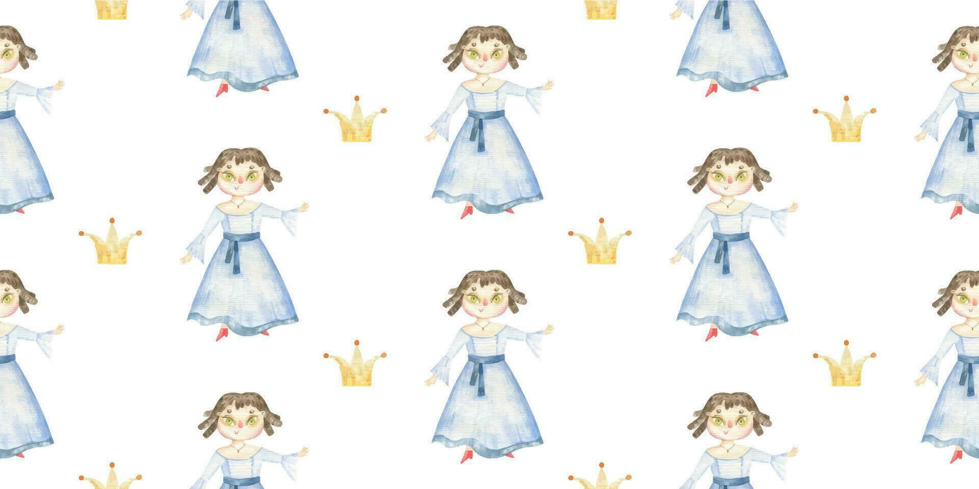 endless wrapping paper with girls, princess with long hair and bright dresses. Cute baby clipart. Watercolor illustration seamless pattern for childish design, print, nursery, background, wallart vector