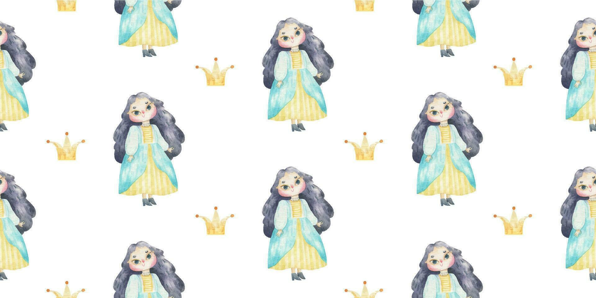 endless wrapping paper with girls, princess with long hair and bright dresses. Cute baby clipart. Watercolor illustration seamless pattern for childish design, print, nursery, background, wallart vector