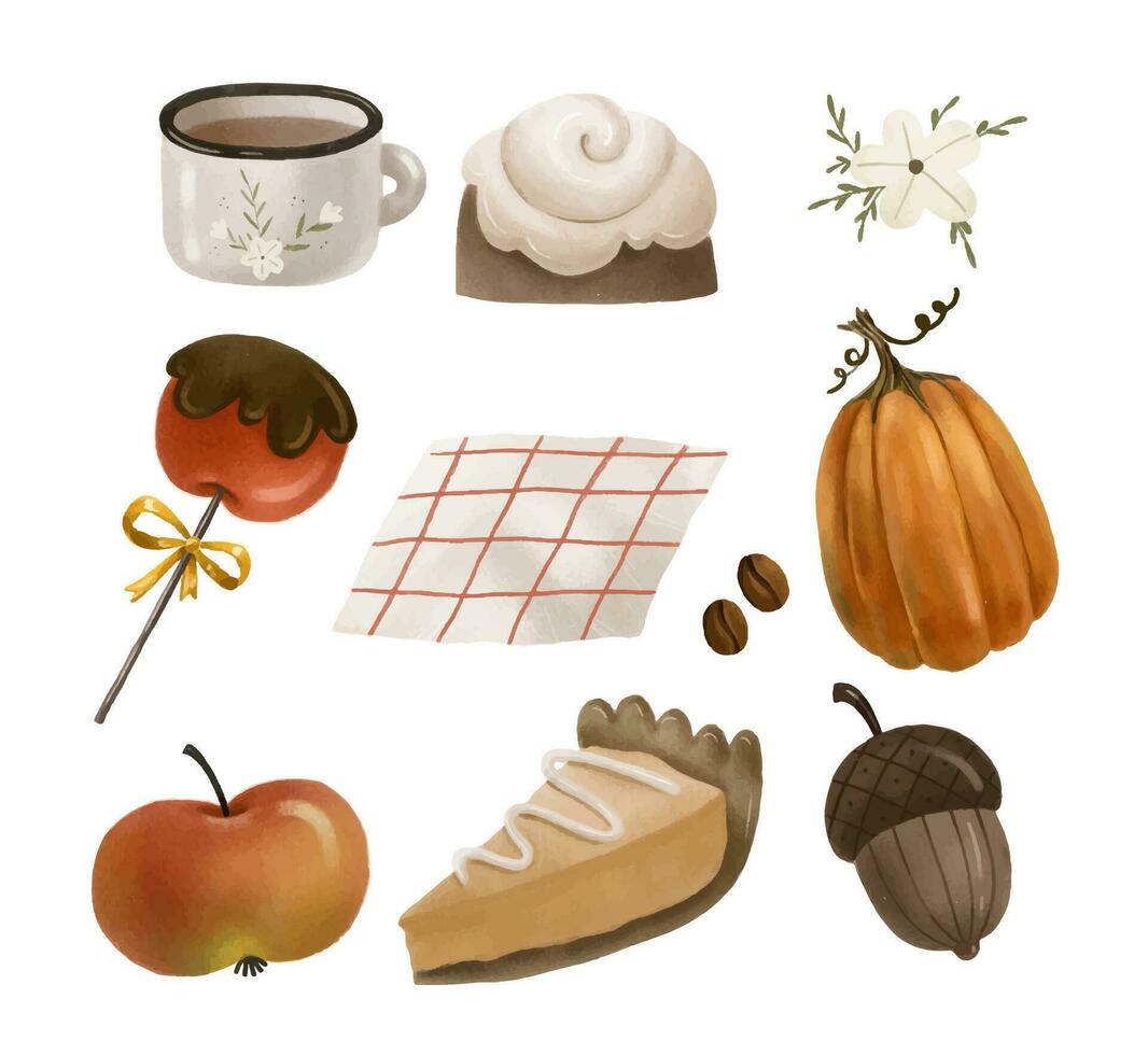 hygge cozy set with autumn isolated elements. Set of fall leaves vector