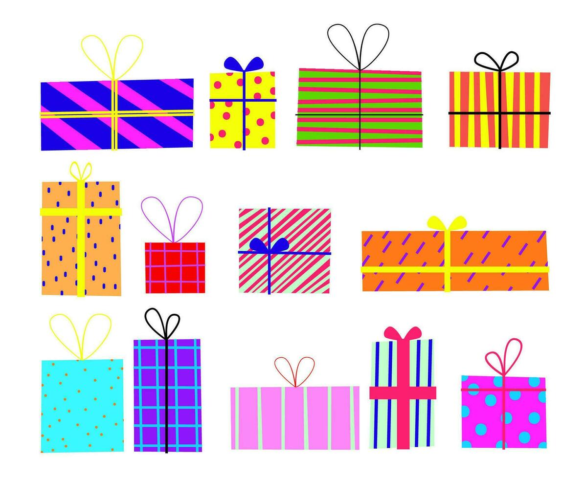 set with bright gfts, presents, boxes with patterns. Isolated clipart vector