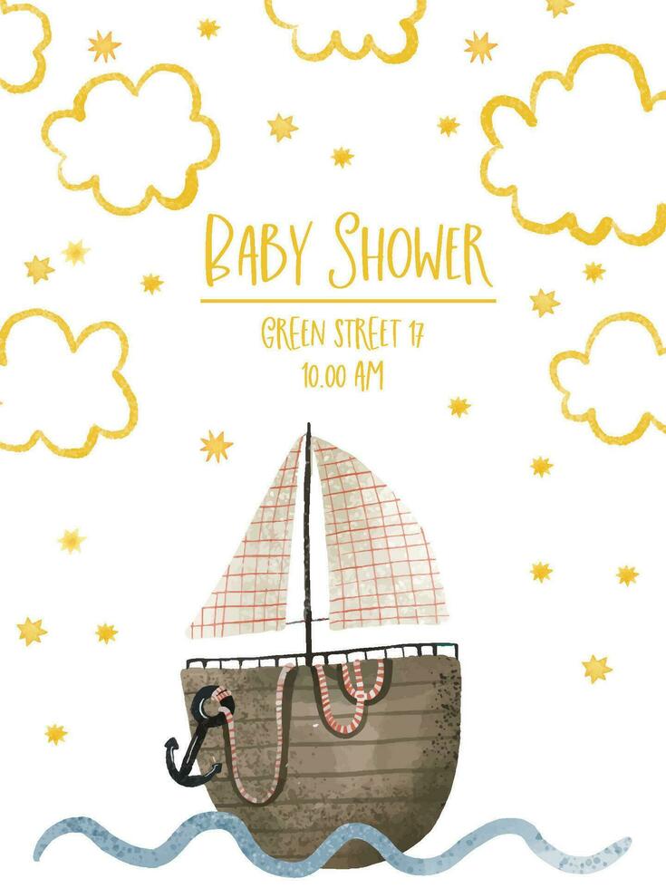 bebé ducha tarjeta con mar transporte, náutico ilustración. Oceano diseño. agua aventuras vector
