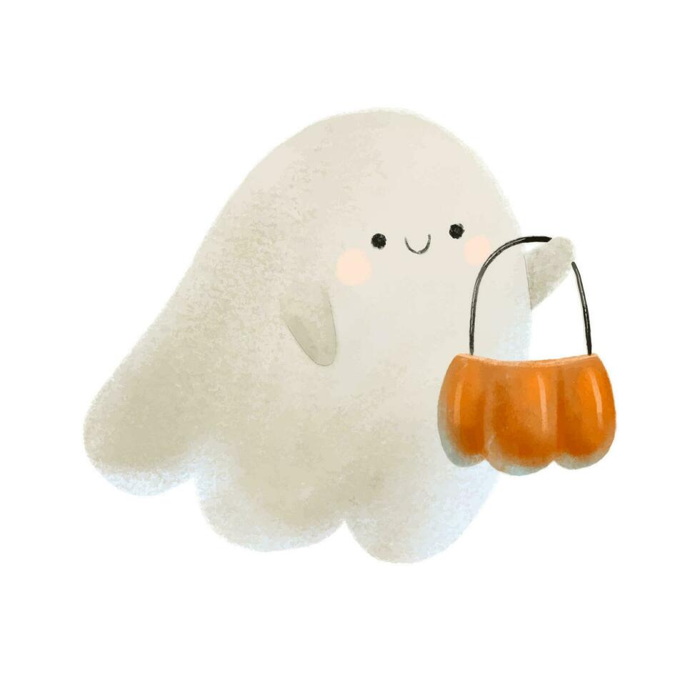 funny cartoon ghost with orange pumpkin basket. Halloween isolat vector