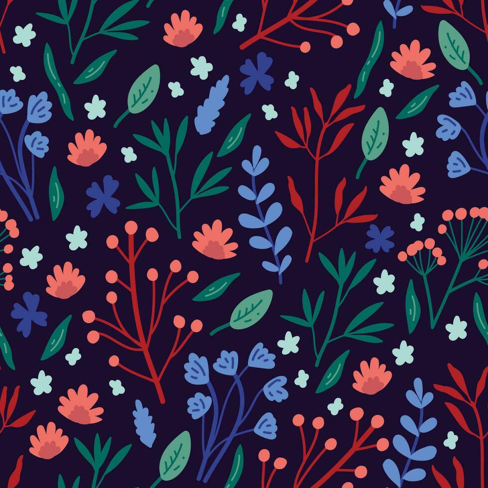 Vector seamless pattern with hand drawn wild plants, herbs and flowers,