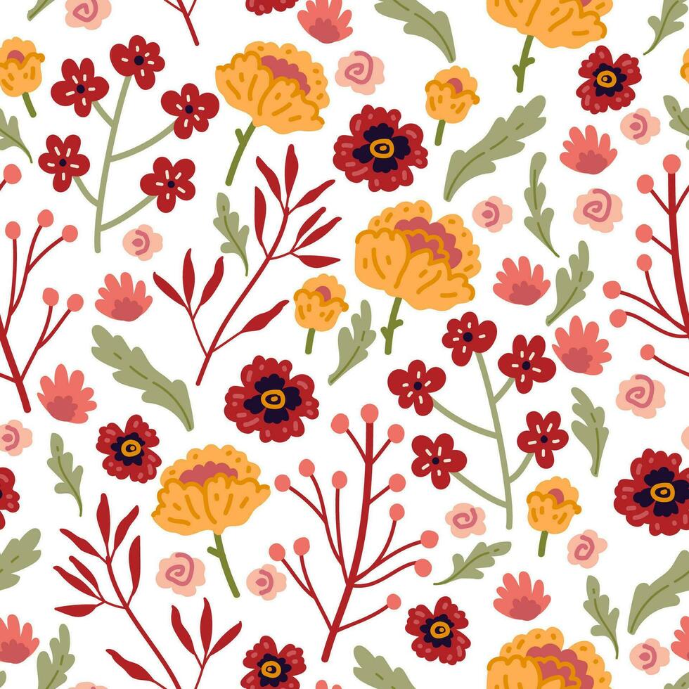 Vector seamless pattern with hand drawn wild plants, herbs and flowers,